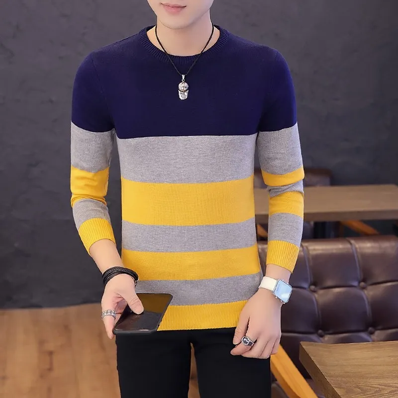 

Soft Sweater For Men O Neck Pullover Sweaters Long Sleeve Knitting Casual Tops Winter Coat Plus Size Striped Coats size 3XL