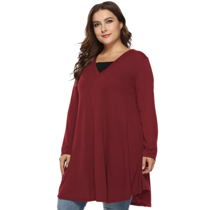 5XL размера плюс Длинная женская блузка Осень зима v образный вырез длинный рукав