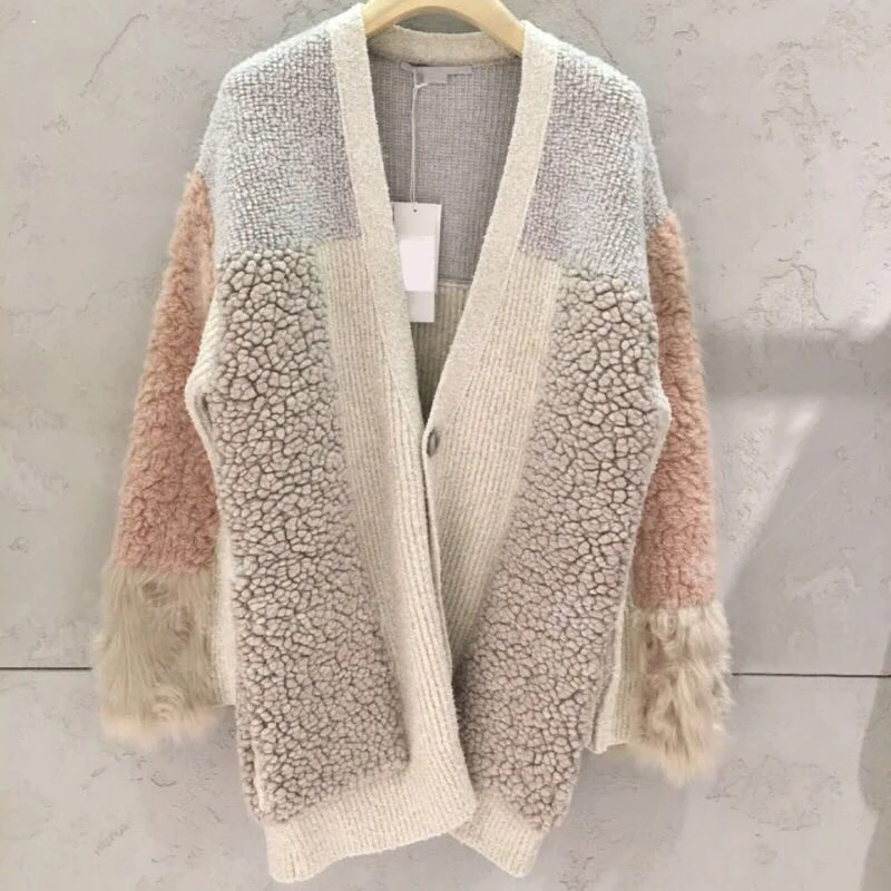 Hit Color Patchwork Women's Sweater V Neck Long Sleeve Single Breasted Thick Cardigans Elegant Female Sweaters - Цвет: as picture