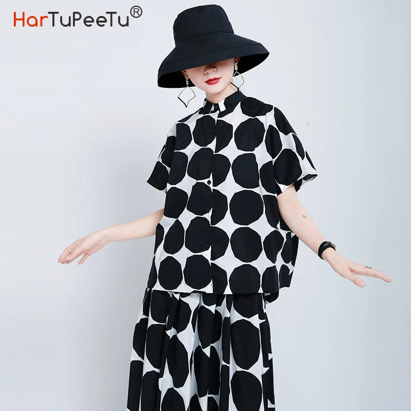 

Black Polka Dot Blouse Women 2020 Summer Tops Plus Size Loose Short Sleeve Shirt Stylish Back Wrap Layered Cropped Design