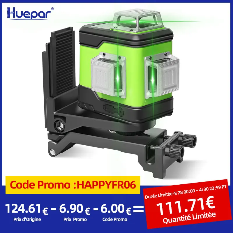 Huepar 3D Cross Line Self-Leveling Laser Level 3x360 Green Beam Three-Plane Leveling & Alignment Laser Tool with Li-ion Battery