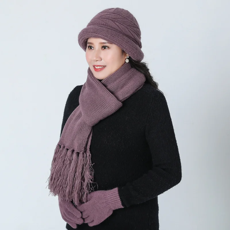 Middle-aged Lady Hat Autumn Warm Wool Mixed Warm Hat Woolen Cap Middle Age Mother Grandmother Knitted Hat scarf gloves Hat