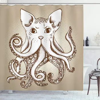 

Octopus Decor Collection, Octopus with Cat Head Illustration Vintage Style Cartoon Cat with Tentacles Home Decor, Polyester