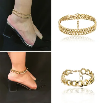 

exaggerated layers thick chain small feet act the role of female contracted by hand chain metal character anklets