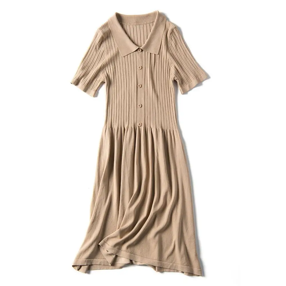 

Quality Ice Silk Summer turn-down collar Solid Knit Knee-Length Dresses High Street Empire Style Button Party Holiday Dresses