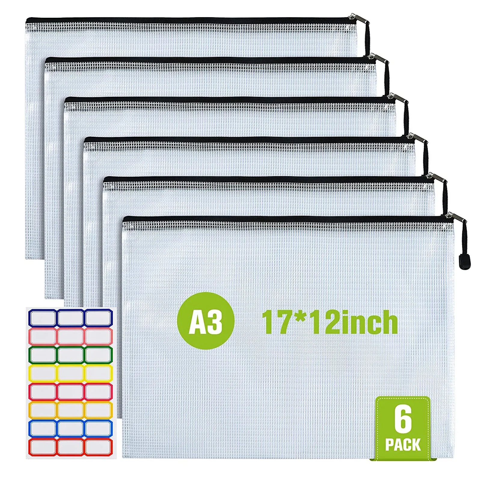 6pcs A3 Plastic Mesh Zip File Bags, Waterproof Tearresistan ,documents