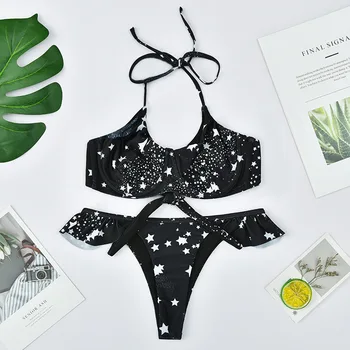 

Roseheart Summer Black Sexy Bikini Sets Women Swimsuit Bikini Swimwear Low Waist Halter Star Printed Bathing Suit Female Beach