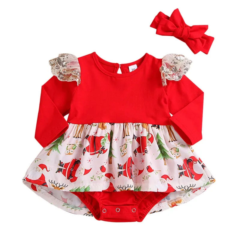 

Christmas Baby Girl Clothes Toddlerborn Kids Baby Girls Dress Clothes Romper Playsuit + Headband Outfits