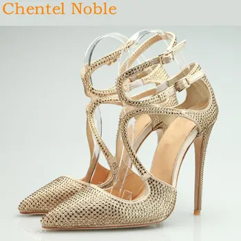

Summer Newest Chentel Manual Crystal High Heel Women Buckle Sandal 2019 Genuine Leather Full Diamond Sandals Ladies Big Size