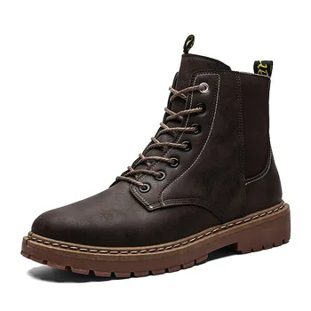 

2020 New Flat heel men boots PU Increase Shoes male Round head Solid Color Lace up fashion winter Botas Hombre Size 39-44