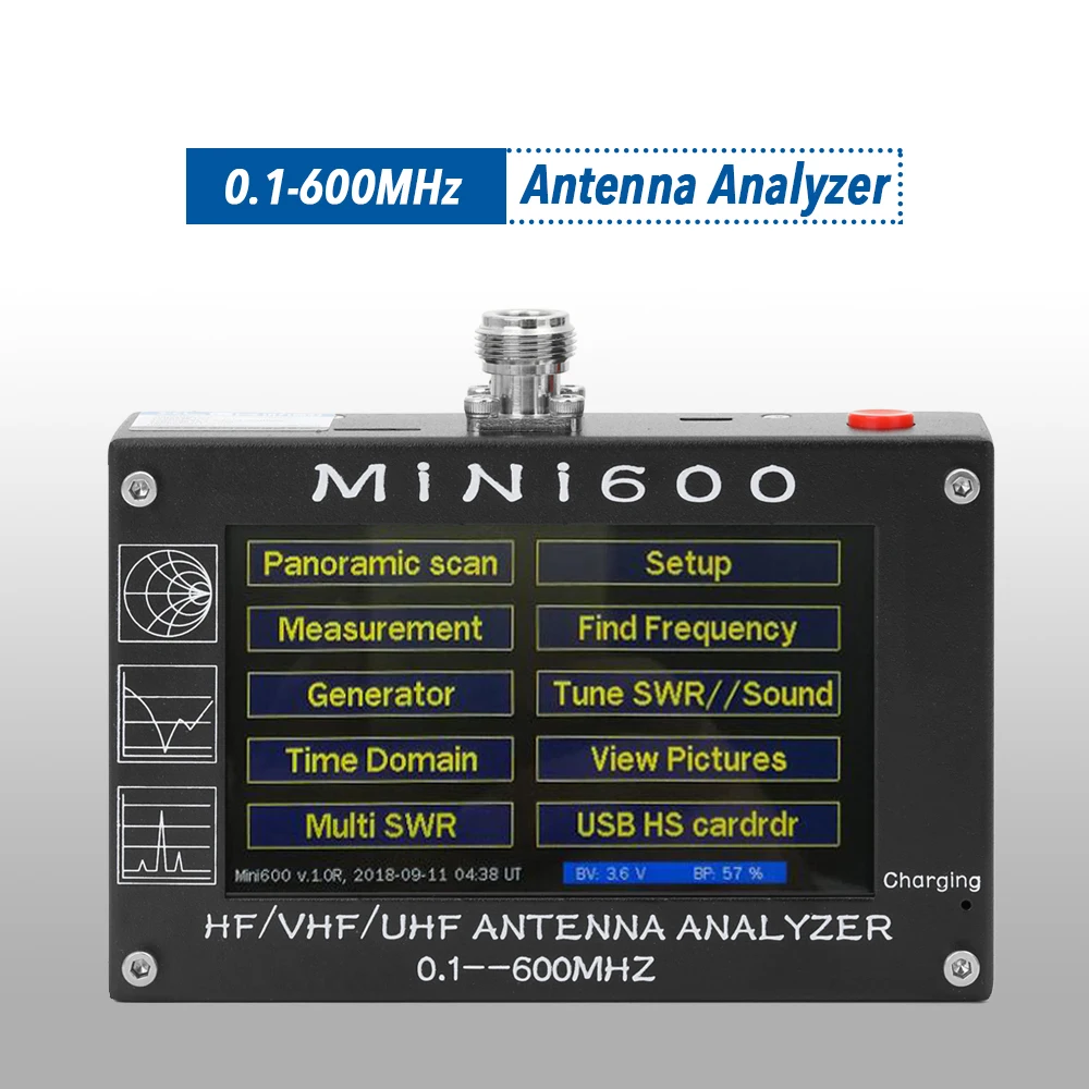 

MiNi600 5V 1.5A HF VHF UHF Antenna Analyzer 0.1-600MHz Frequency Counter SWR Meter 1.0-1999 with 4.3" TFT LCD Touching Screen