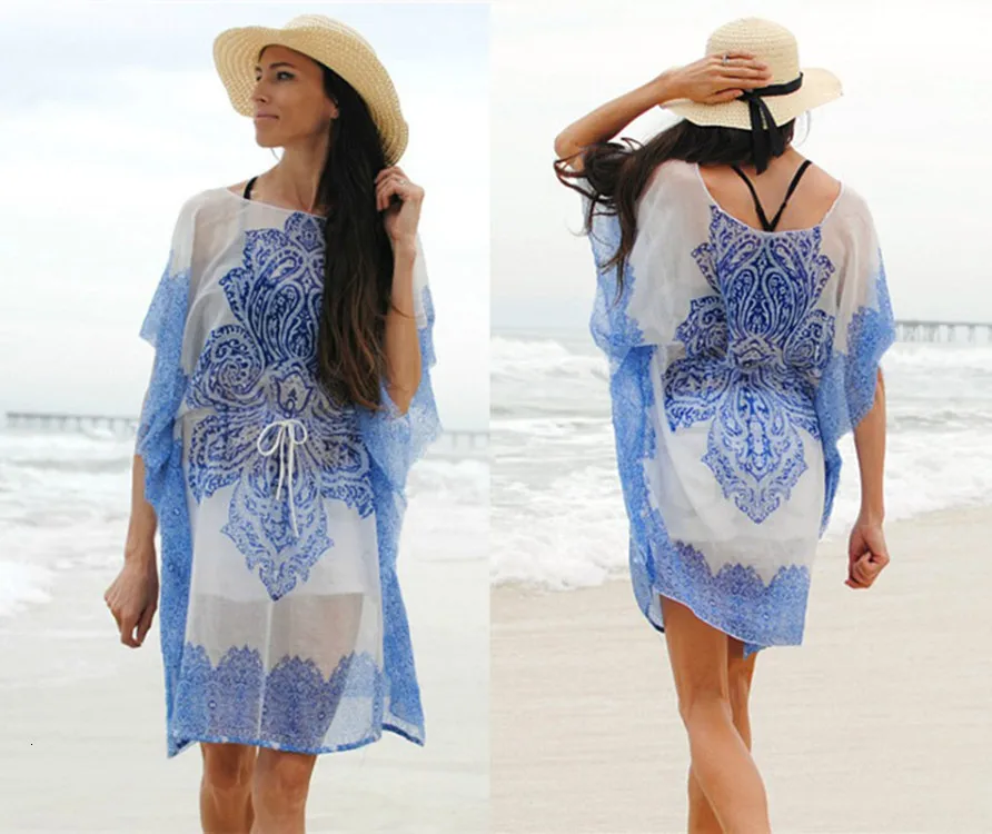 

Womens Printing Bathing Suit Loose Bikini Cover Up Swimwear Summer Chiffion Beach Dress Sexy Sheer Pareos Tunique Femme Newest