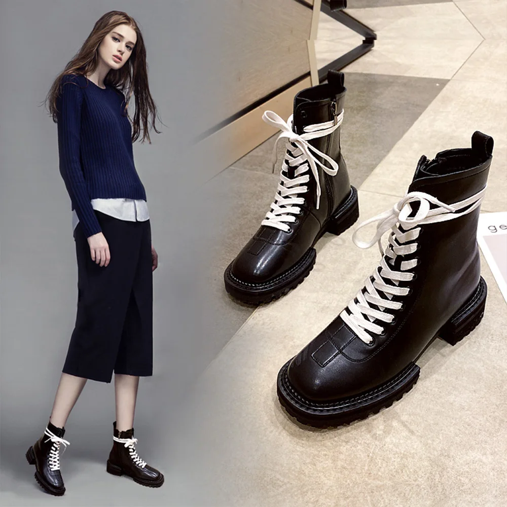 2020 Winter New Fashion Crimping Martin Boots Strap Contrast Color Fashion Short Boots Comfortable Women's Shoes Lace UpE301L
