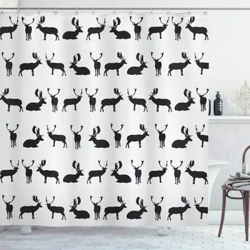

Deer Decor Collection, Fallow Deer Sitting Standing Walking Shadow Silhouette Pattern Hunting Image, Polyester Fabric Bathroom