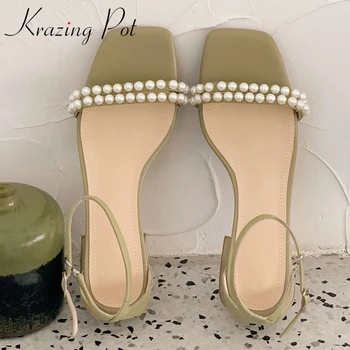 

Krazing pot summer basic brand shoes full grain leather high quality peep toe med heel pearl beauty lady cozy sandals women L08