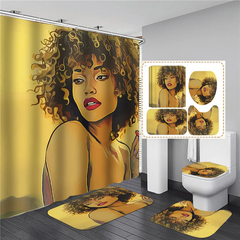 3D Printing Sexy Black Beauty Waterproof Shower Curtain Toilet Lid Cover Bath Mat Set Hair Girl Fashion African Woman Creative | Дом и сад