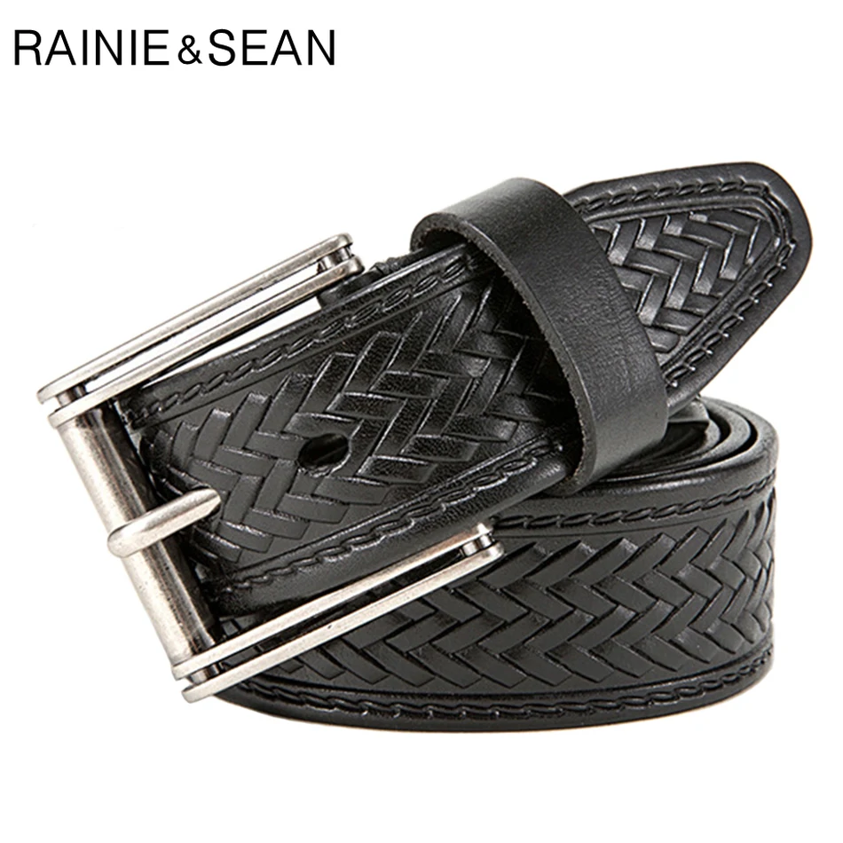 RAINIE SEAN Men's Square Buckle Belt Genuine Leather Pin Belt Jeans Male Black Real Leather Cowhide Business Designer Belts