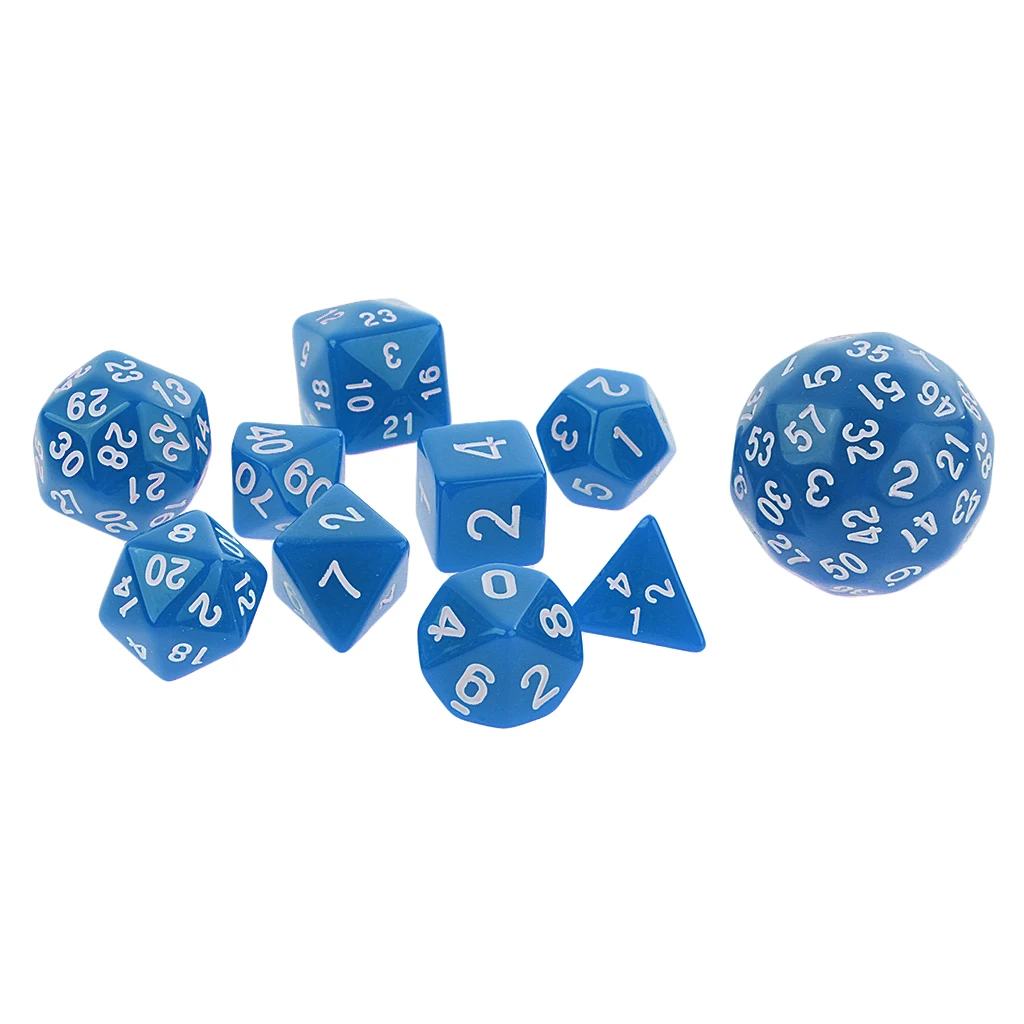 10pcs Dice Set-D4, D6, D8, D10, D12, D20, D24, D30, D60 Acrylic Dice Choice of 6 Color