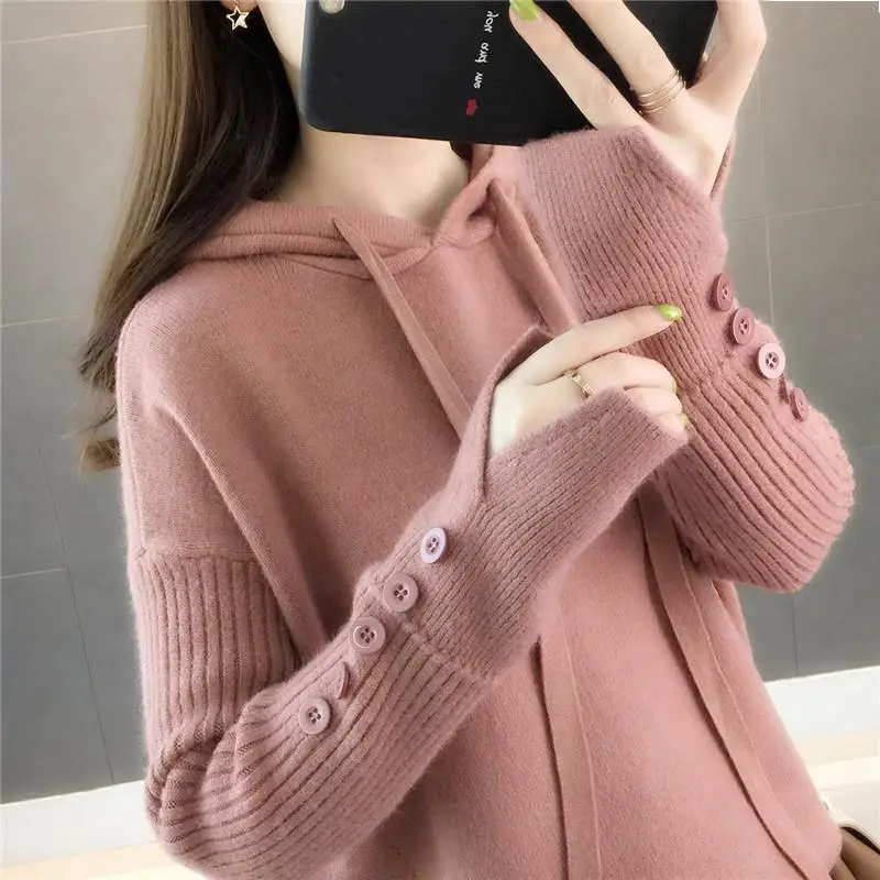 Casual Hooded Sweater 2019 New Autumn Winter Korean Style Women Loose Solid Button Knitwear Female Pullover Sweater Sueter