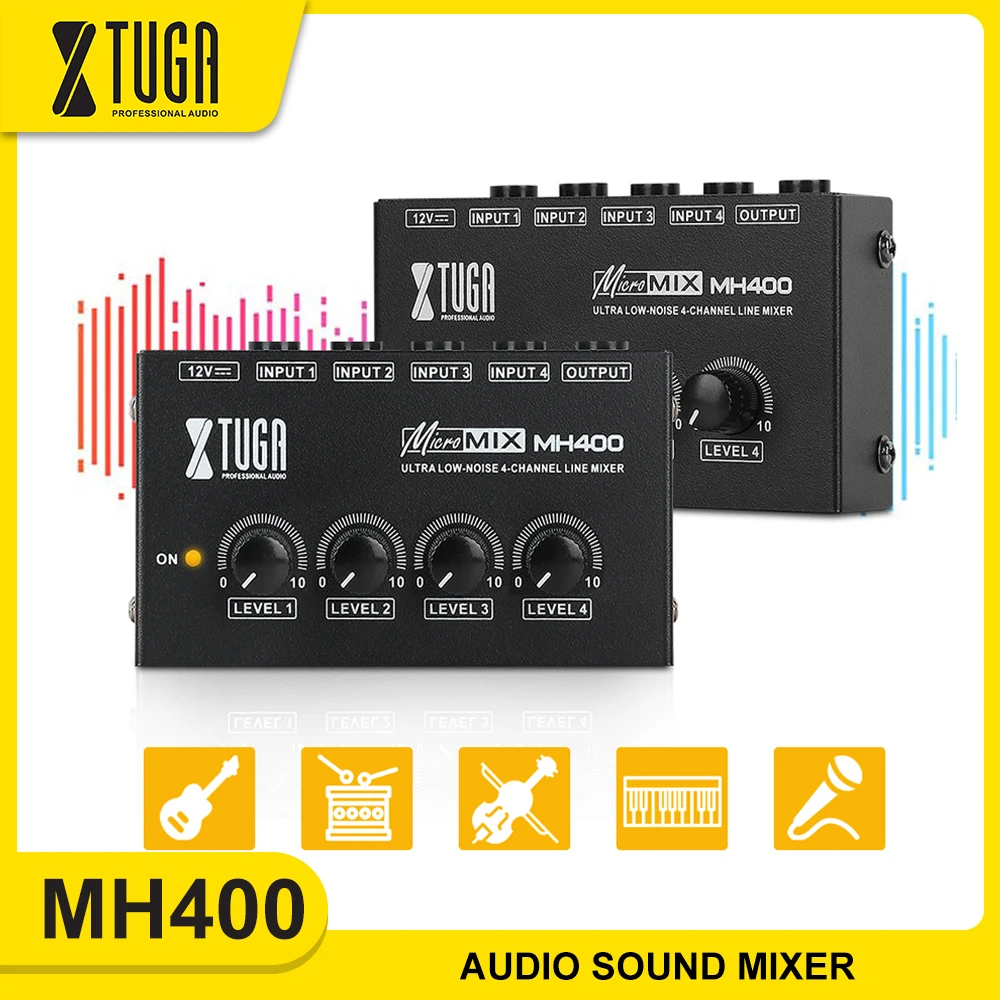 XTUGA 4 Channel Sound Mixer Professional Ultra Low-Noise Audio Sound Mixer Amplifier for Keyboards,Mixers,Musical Instruments