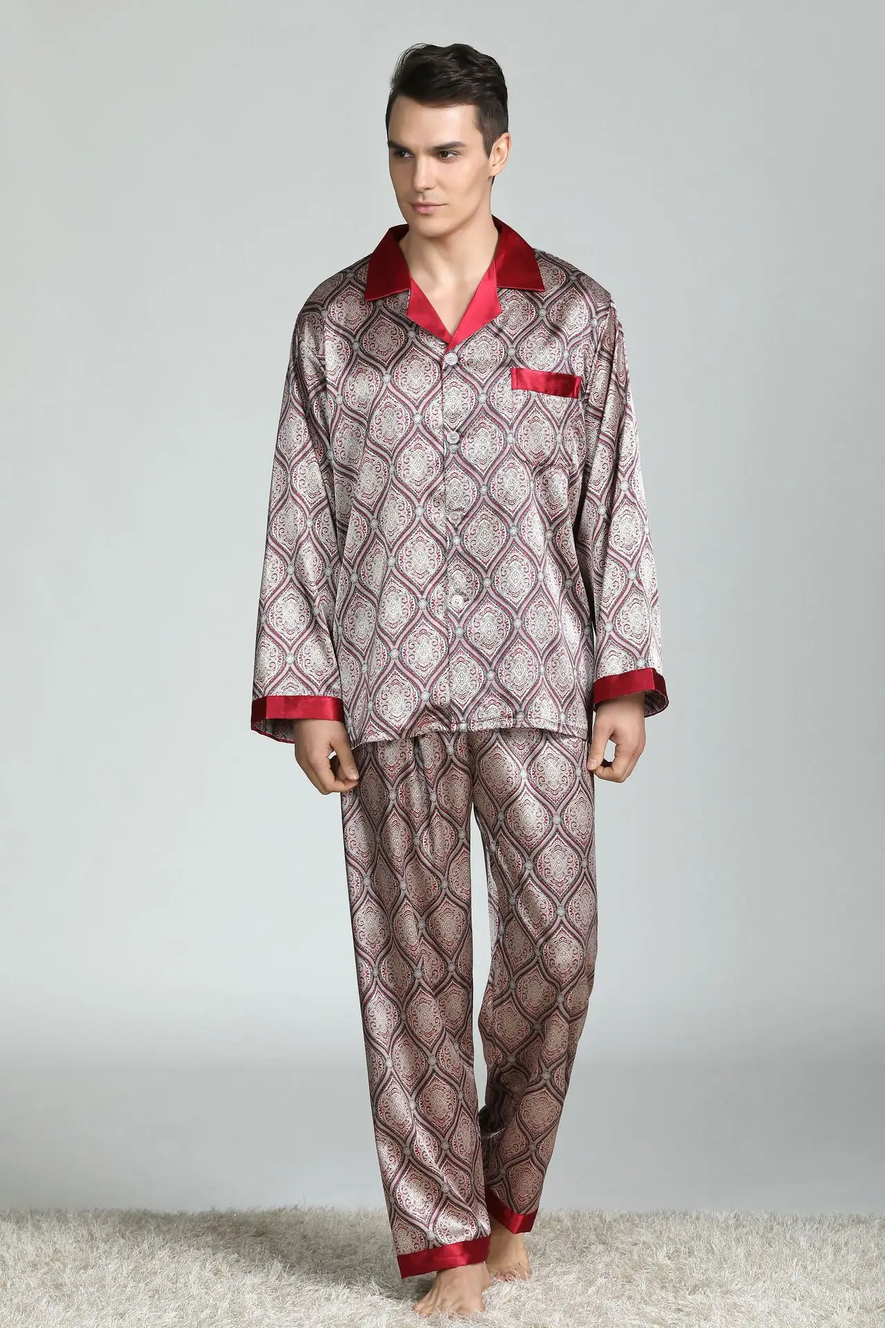 Mens Pajama Set Silk Pajamas for Men Sleepwear Sexy V-collar Cozy Soft Long Sleeve Nightgown Tops+ Trousers Two Piece Set