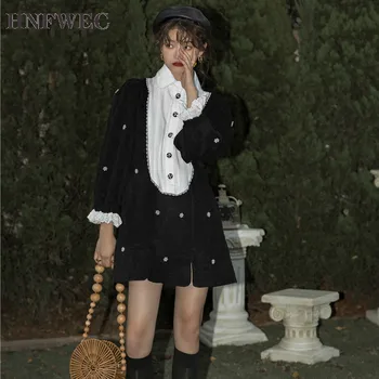 

Vintage Party Dress Corduroy Patchwork Lace Long Sleeve Mini Shirt Dress Women Evening Fashion Runway Dress P026