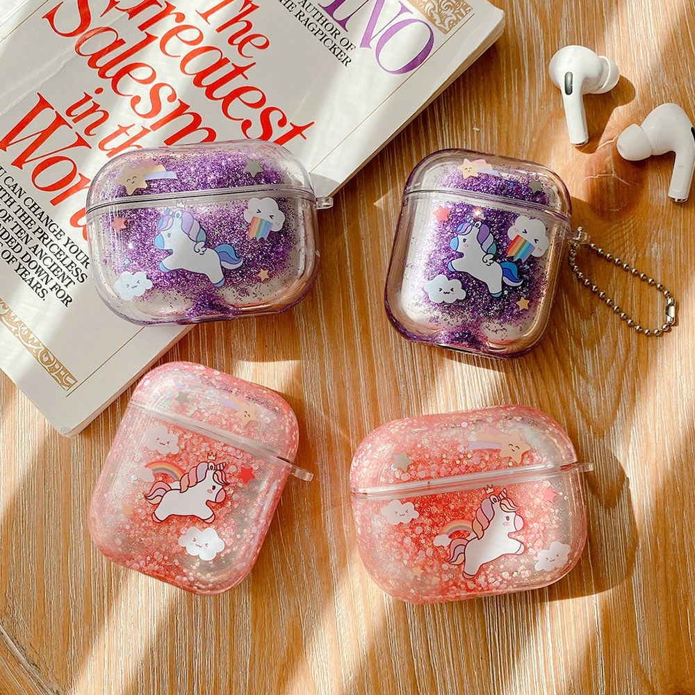 Для AirPods 1 2 3 цветной Блестящий динамический жидкий зыбучий песок Единорог