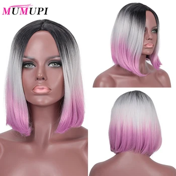

MUMUPI Ombre Black To Purple 2 Tones Heat Resistant Bob Wig 14Inch Short Synthetic Wigs for Black Women