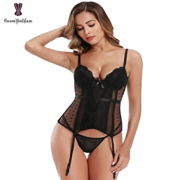 

Plus Size Spaghetti Straps Fancy Women Corset Dress Sexy Mesh Laced Lingerie Floral Pleated Trim Bustier