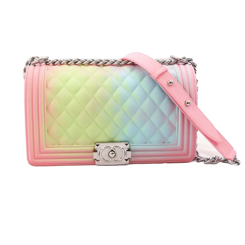 

2020 Transparent Purse Jelly Bag Colorful Chain PVC Candy Color Shoulder Bag Messenger Pink Bags Women Plaid Cover Shoulder Bag