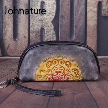 

Johnature Retro Embossed Genuine Leather Women Clutch Bag 2020 New Casual Cowhide Floral Zipper Ladies Hand Bag