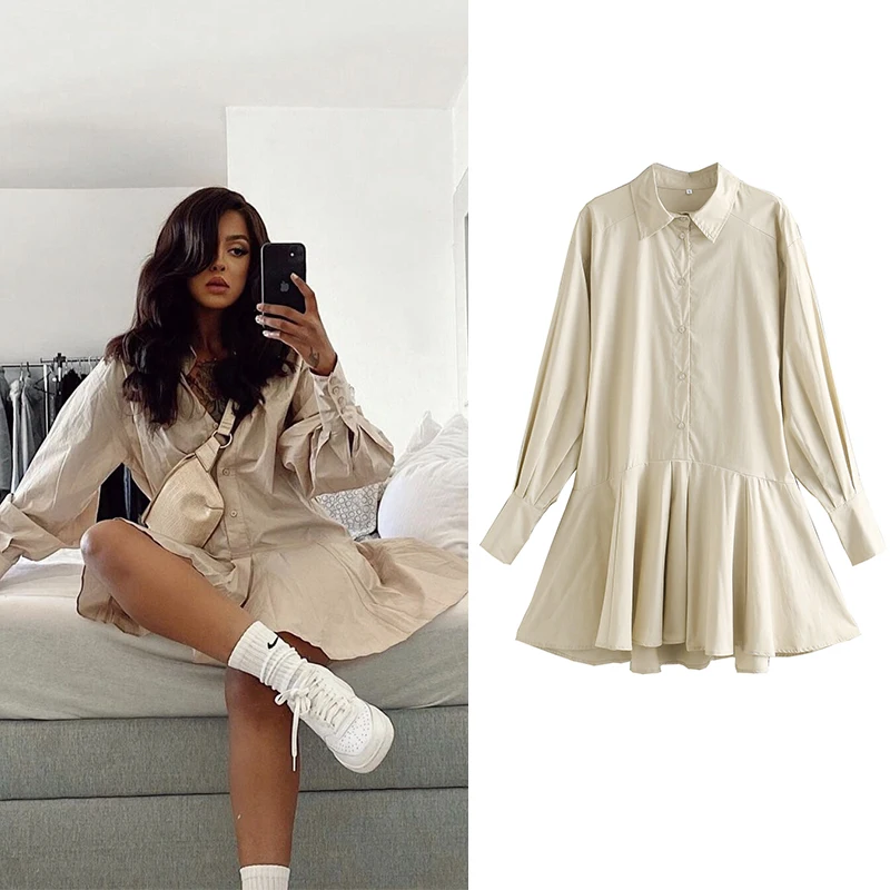 Za Office 레이디 여성 드레스 코튼 가을 셔츠 드레스 긴 소매 Draped 라인 미니 드레스 우아한 Mujer Vestido