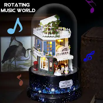 

NEW DIY Dollhouse Rotate Music Box Mini Assemble Kits Doll House With Furnitures LED Light Glass Ball for Children Birthday Gift