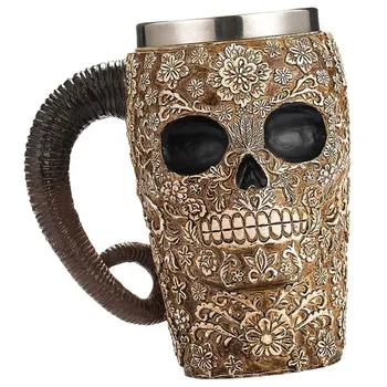 

Skull Patterned Cup Cleat Handle Cup Creative Beer Mug Halloween Gift Golden