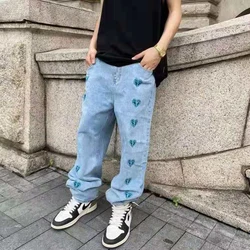 Pantalones vaqueros Harajuku para hombre, Jeans Retro holgados y rectos con bordado de Sweatheart, ropa de calle de gran tamaño, Hip Hop