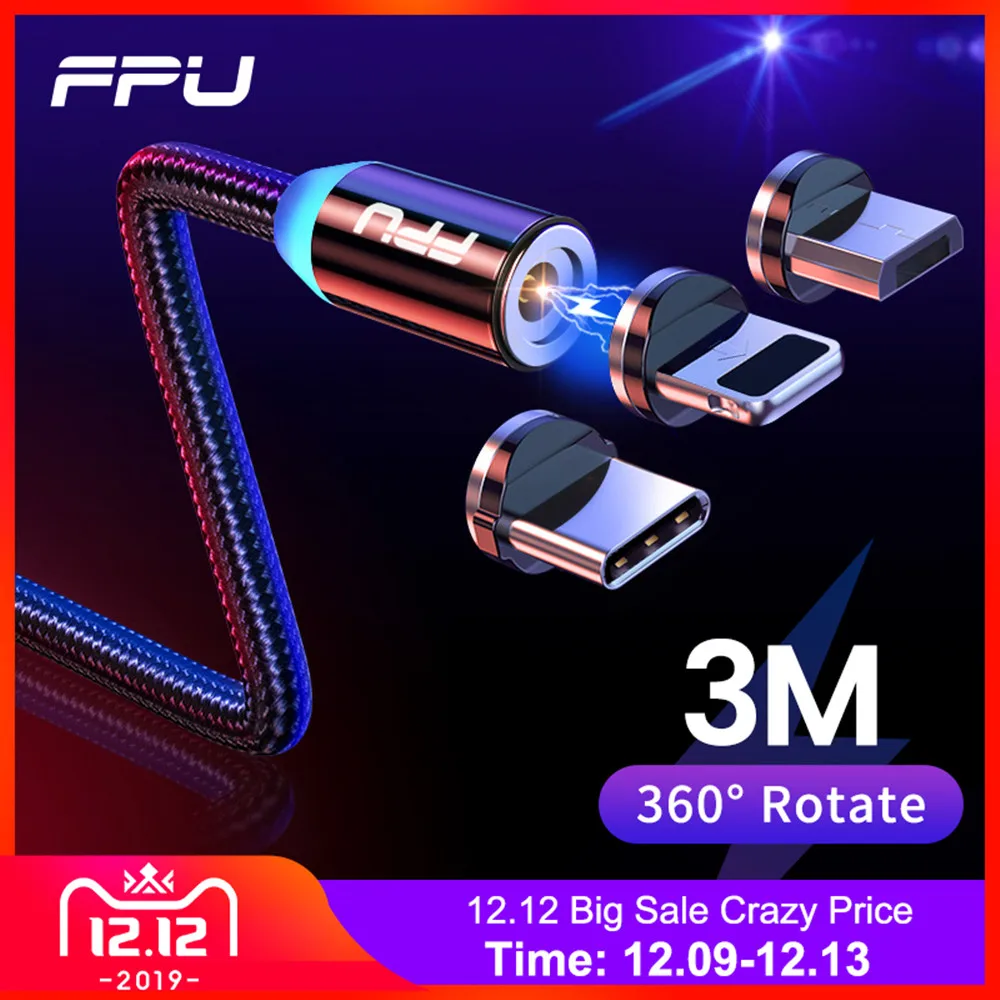 FPU 3m Magnetic Micro USB Cable For iPhone Samsung Android Mobile Phone Fast Charging USB Type C Cable Magnet Charger Wire Cord
