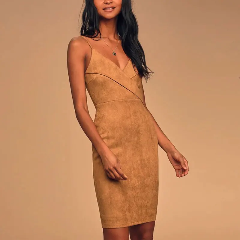 

Женское замшевое мини-платье без рукавов, с V-образным вырезом