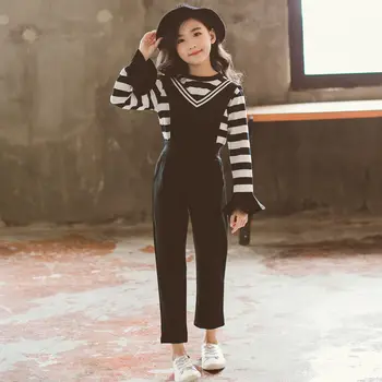 

2020 Kids Girls Fashion Clothing Sets 2 pcs Black White Stripe T-Shirt & Jumpsuit Set for 4 To 13 Years Teen Girls Clothes Set