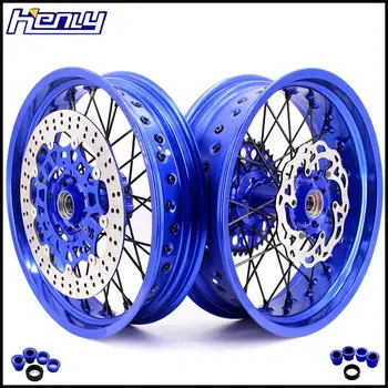 

3.5/4.25 17IN. Supermoto Wheels Set for HUSQVARNA TE TC FE FC 125-450 14-19 BLUE RIM BLACK NIPPLE DISCS