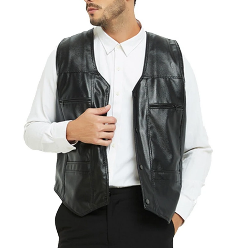 Зимние мужские кожаные жилеты без рукавов, меховые куртки из искусственной кожи, уличная панк куртка с карманами и пуговицами, черный мотоциклетный жилет, куртки размера плюс - Цвет: Черный