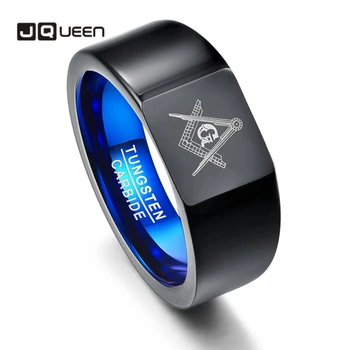 

JQUEEN 10mm Retro Big Head Style Tungsten Carbide Rings Vacuum Plating Black with Blue Rings Laser Masonic Sign Tungsten Ring