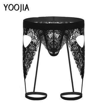 

Fanshion Black Men's Sexy Underwear Through Floral Lace Floral Hip Hip Belt Garter Projecting Pocket Hollow Love Bikini Thong