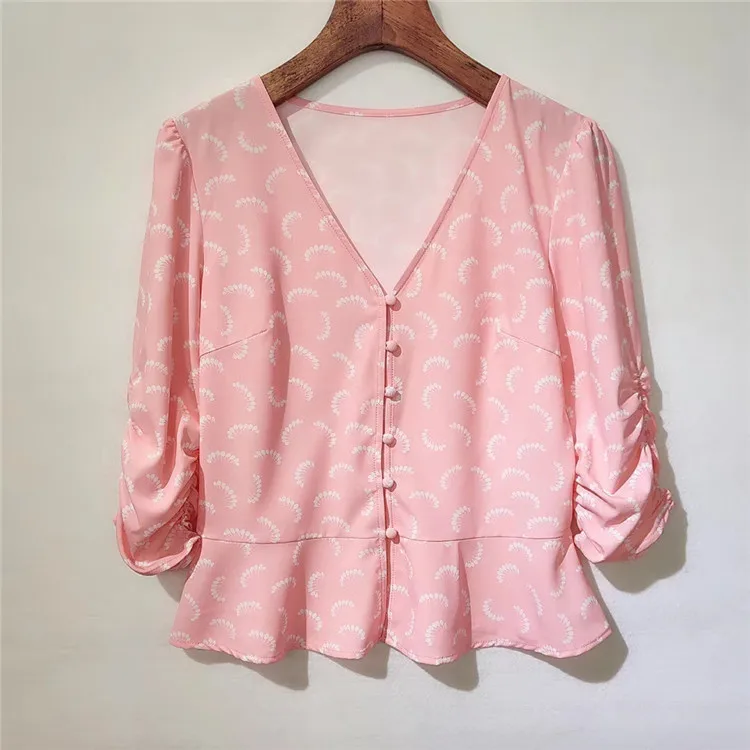 

Spring Summer Single Breasted Shirt Women Pleated Three Quarter Sleeves V Neck Blouse Casual Fresh Top