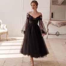 

Black Princess Evening Dress 2021 Sexy Illusion A-Line Long Sleeve V-Neck Lace Appliques Backless Ankle-Length Party Prom Gown