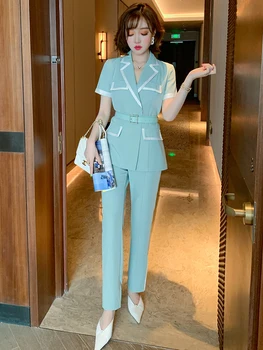 

Trendy Contrast Color Braid Drawstring Suit Lapel Top + Straight Casual Pants Suit Women's Fashion Summer New Style