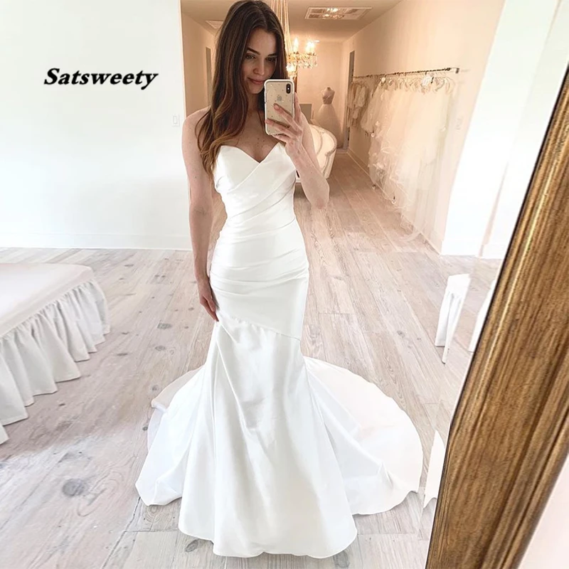 

Sweetheart Neckline Mermaid Wedding Dresses White Ivory Pleats Satin Bridal Gowns Casual Dresses Robe De Mariee Sweep Train