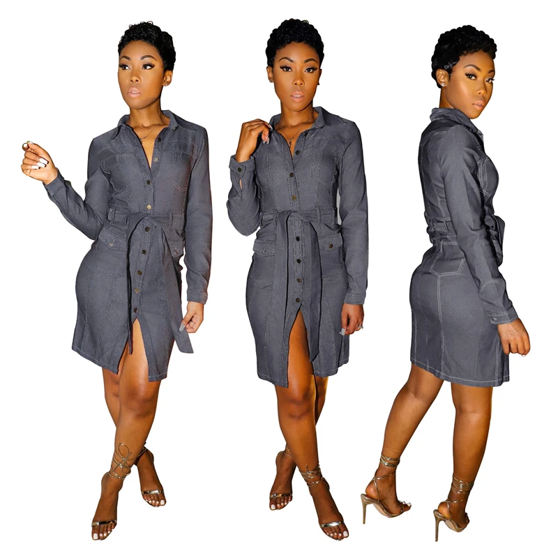 

USA Women Long Sleeve Shirt Dress Spring Button Sashes Knee Length Dresses For Lady Holiday Fashion Pockets Jupe Clothing