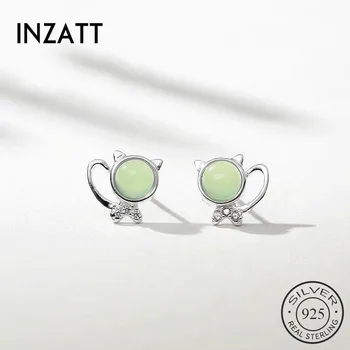 

INZATT Real 925 Sterling Silver Green Glass Cat Round Stud Earrings For Fashion Woman Party Cute Fine Jewelry Accessories GIFT