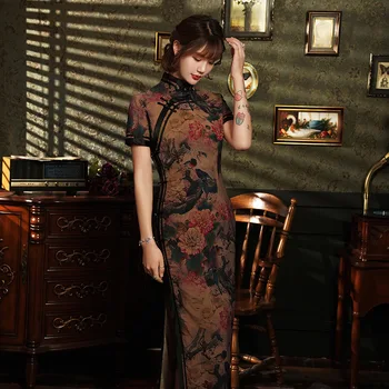 

Chinese Women Classic Dresses Rayon Print Flower Qipao Mandarin Collar Slim Vestidos Sexy Flower Oversized Cheongsam S-4XL