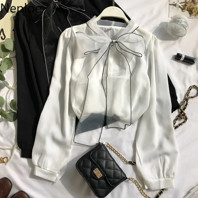 Neploe 2020 New Spring Autumn New Elegant Lace Up Bow Blouse Women Lantern Long Sleeve Solid Chiffon Shirt Slim Fit Blusas 47027 Neploe 2020 New Spring Autumn New Elegant Lace Up Bow Blouse Women Lantern Long Sleeve Solid Chiffon Shirt Slim Fit Blusas 47027